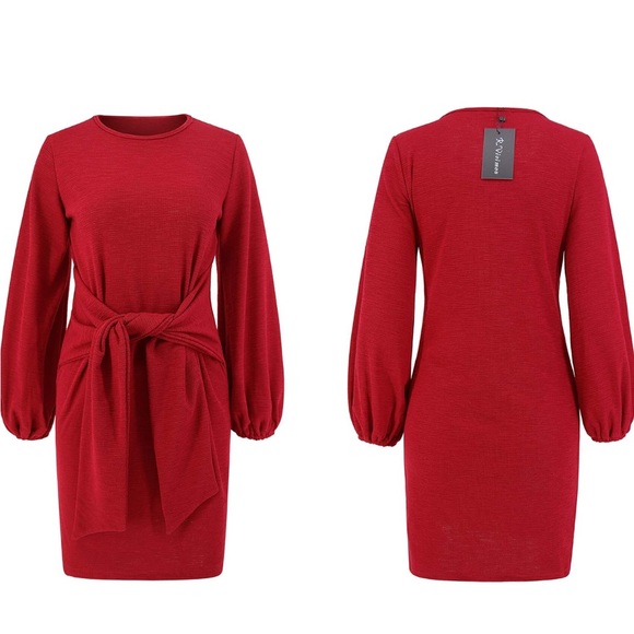 R.Vivimos Women's Cotton Long Sleeve Elegant Knitted Tie Waist Sweater Dress - Picture 4 of 12